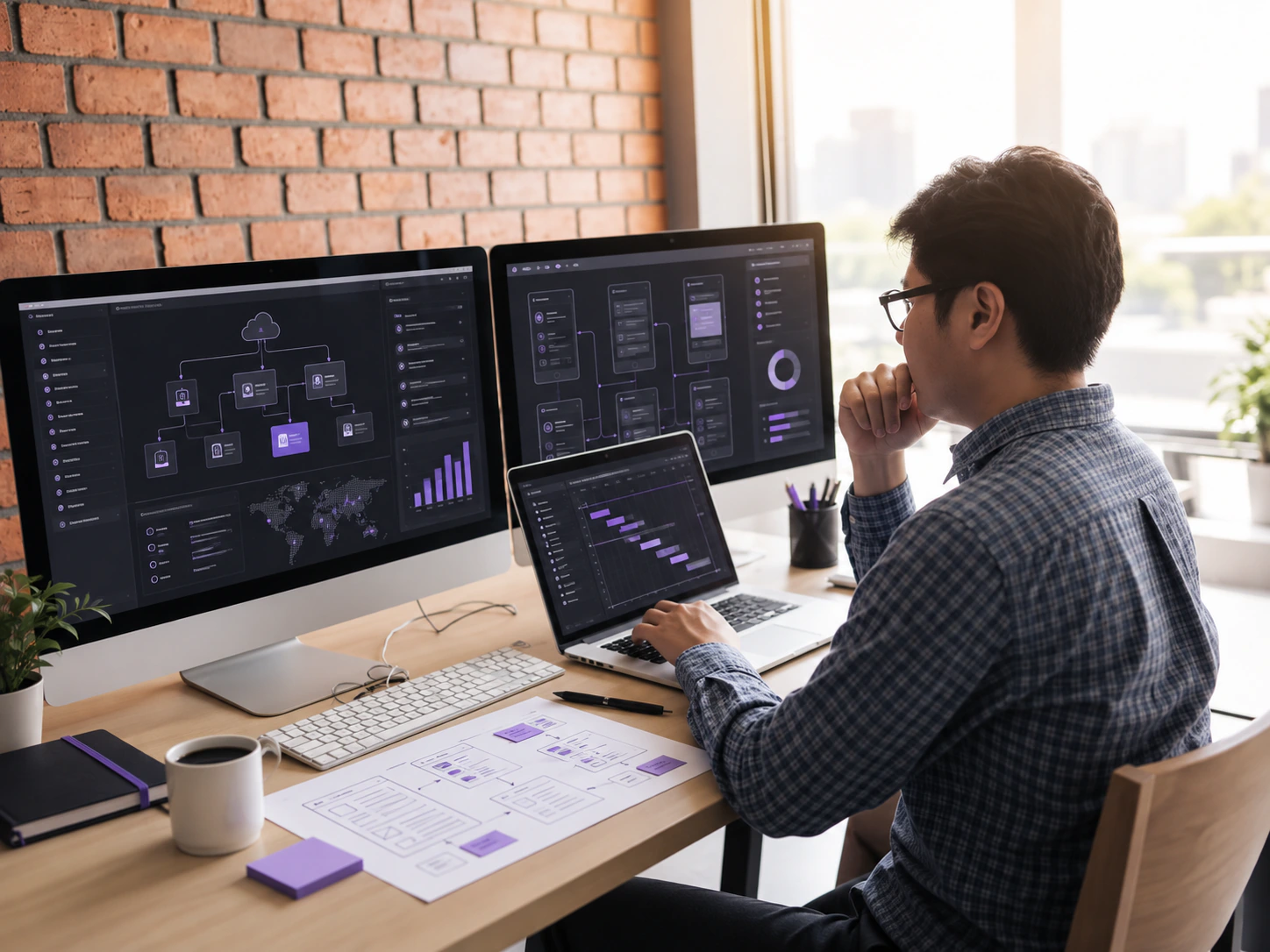 Developer working through a sprint plan across screens and a laptop.