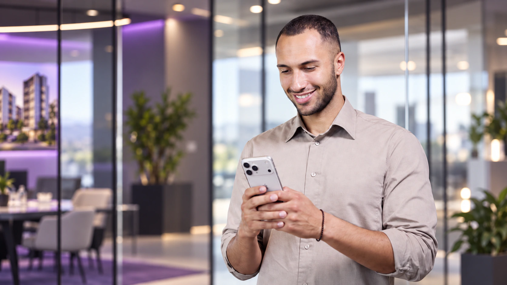 Person using a mobile application on a phone in an office.