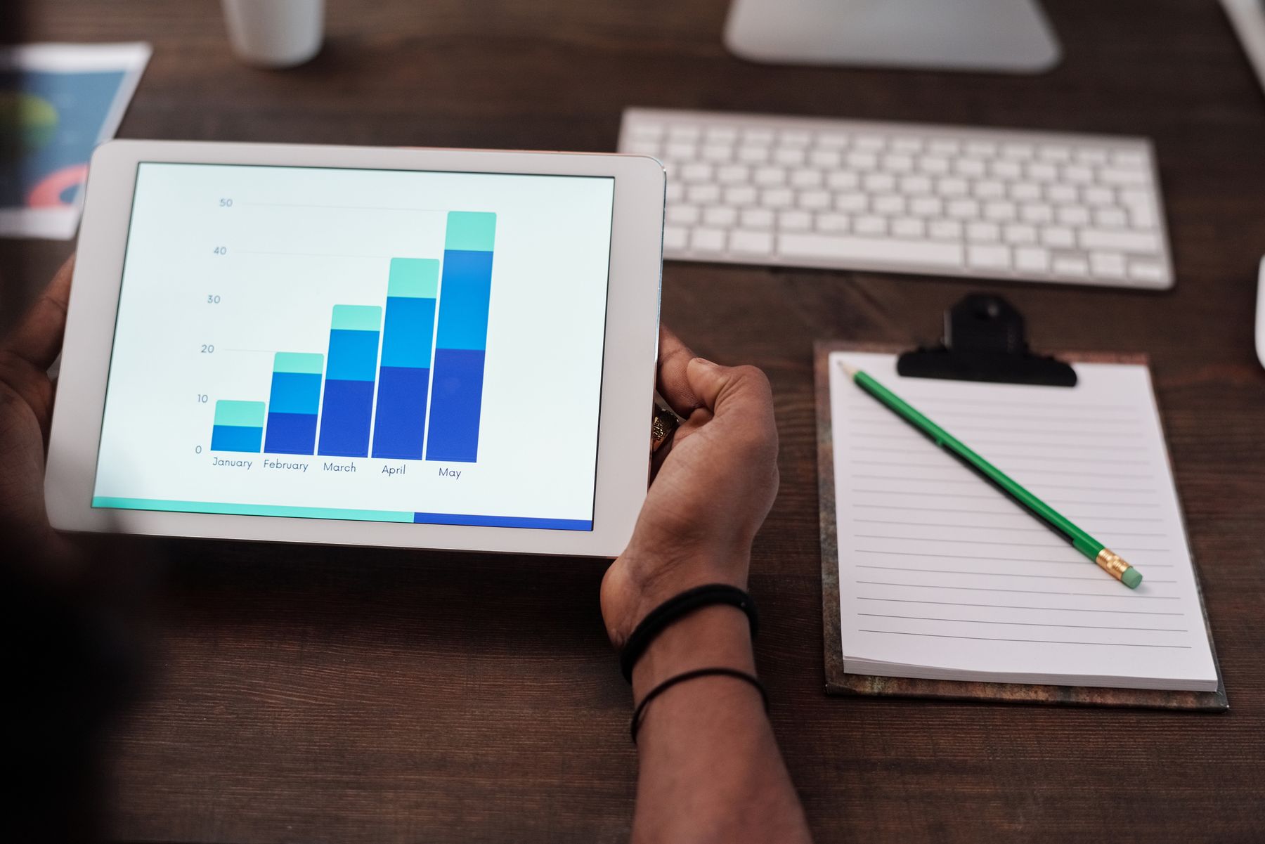Tablet showing campaign performance charts on a desk.